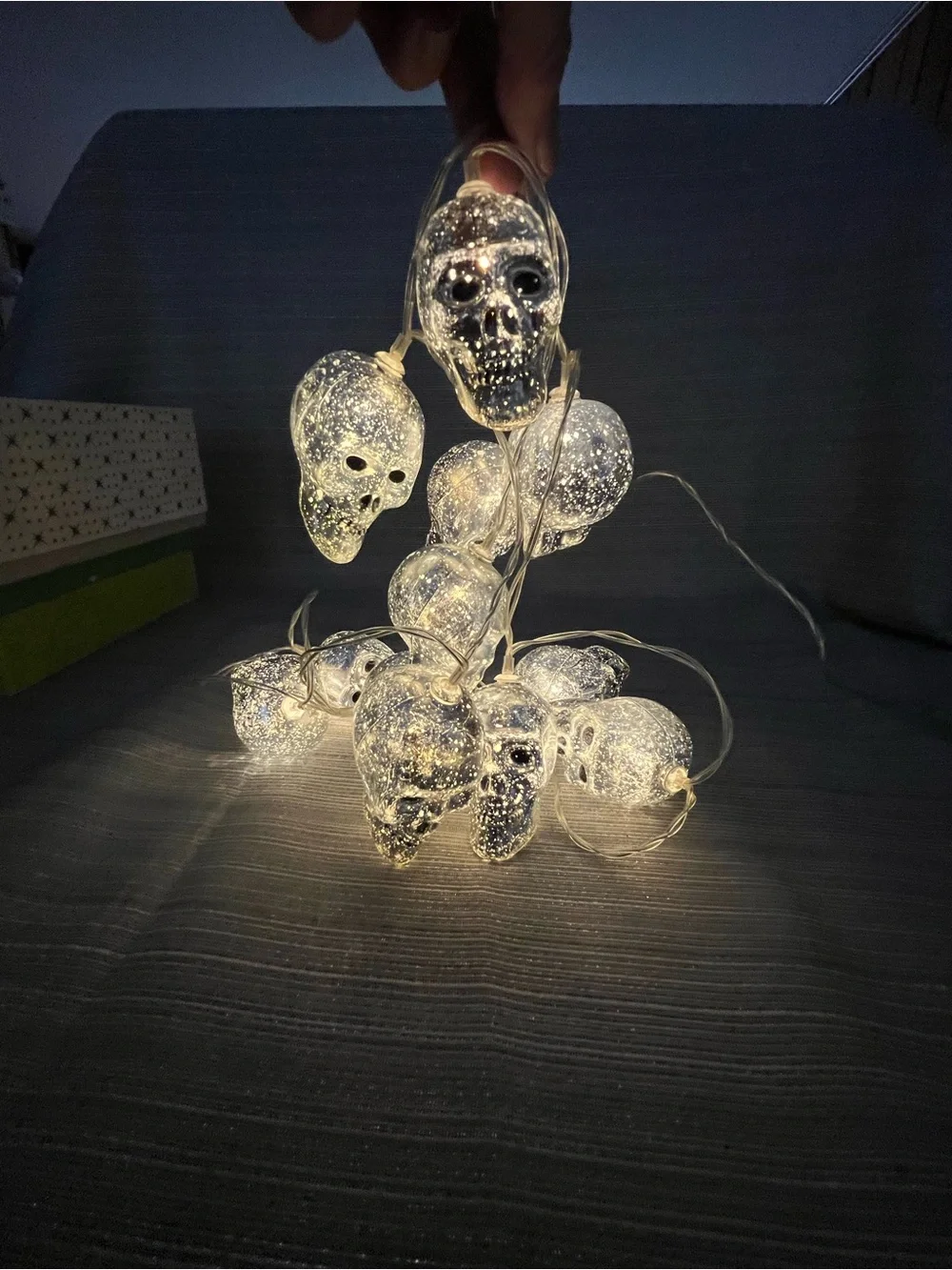 12 Skull Halloween String Lights SILVER 66” Battery Operated Each Skull Is 2.5”
